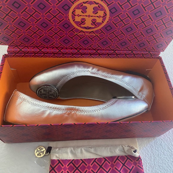 EUC Tory Burch Liana Round Toe Rhinestone Logo Metallic Leather Ballet Flats - Picture 11 of 12
